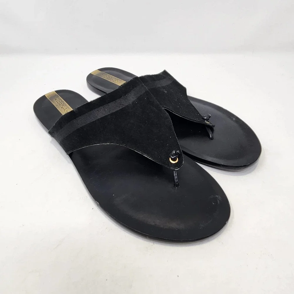 Kaanas Womens Black Leather Thong Slide Sandal 10 M Leather Sole Flats Open Toe